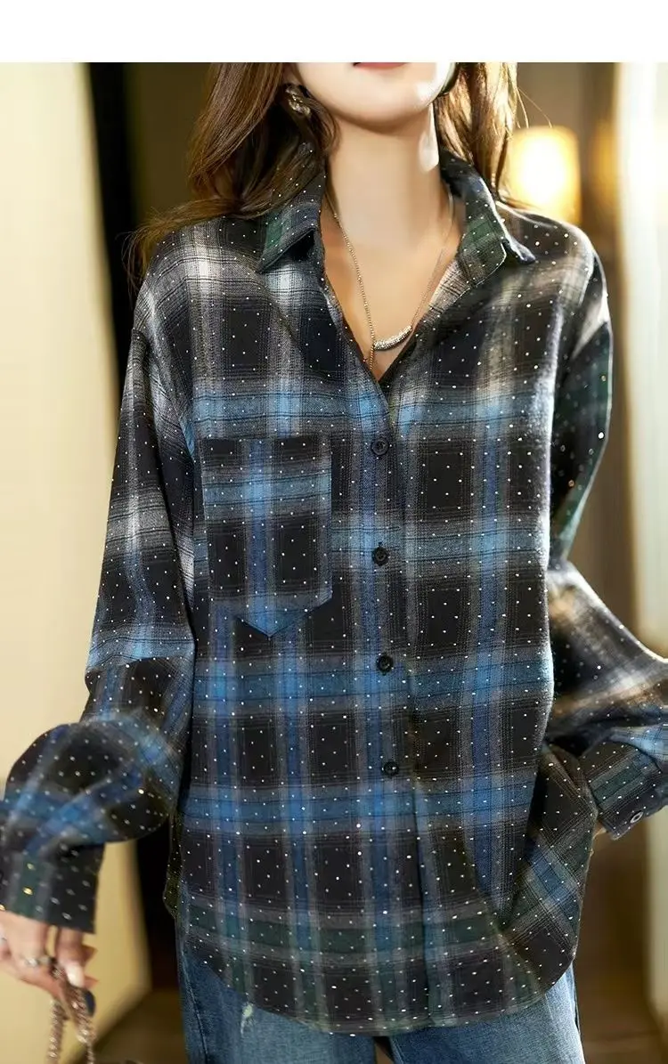 Casual Rhinestone Checkered Shirt for Women's Autumn 2024 New Stylish Shirt European Station Plus Size Women's Fashion Trend