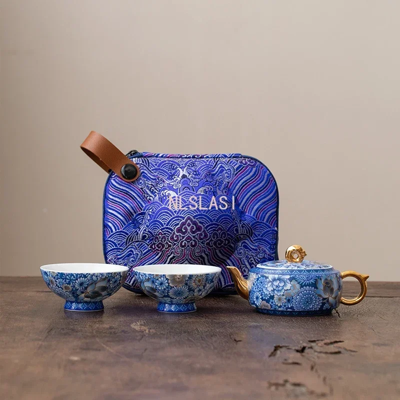 Blue and white teapot One pot and two cups Outdoor travel tea set Portable bag Kung Fu tea set Kuaike Cup