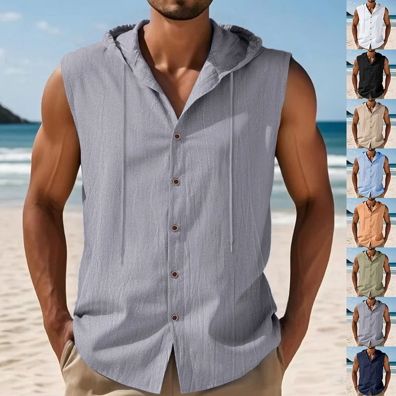 

Летняя повседневная дышащая рубашка на пуговицах без рукавов, кардиган, футболка, модный спортивный жилет, мужской однотонный спортивный свободный пляжный жилет