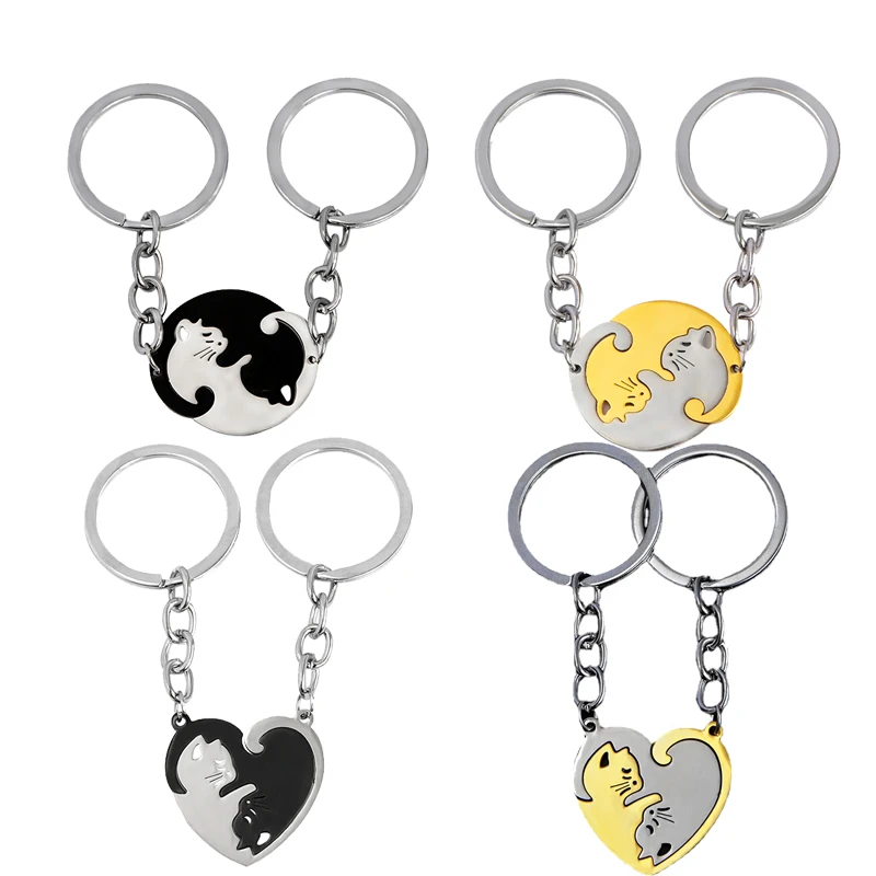 2Pcs/Set His Hers Matching Puzzle Yin Yang Cat Couples Keychains Stainless Steel Heart Key Ring BFF Couple Key Chain Jewelry