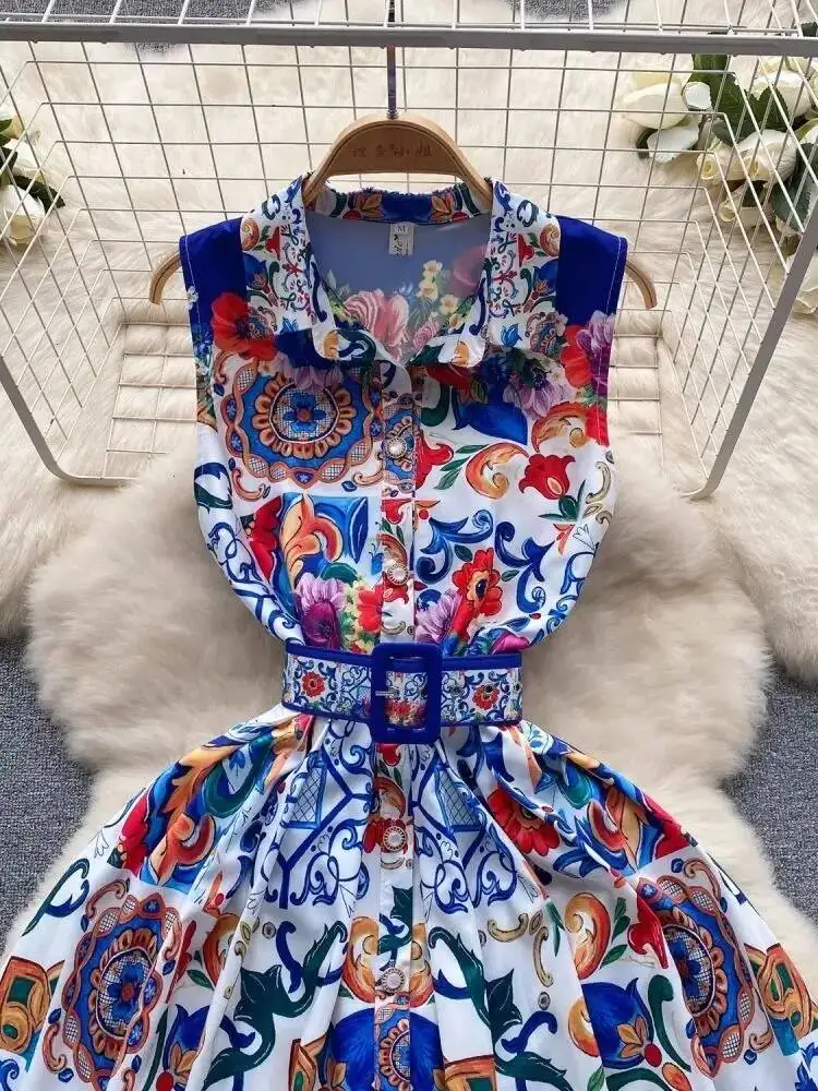 Runway Summer Holiday Flower Print Tank Dress Shirt Women\'s Single Breasted Belt Red Blue White Porcelain Midi Party Dresses
