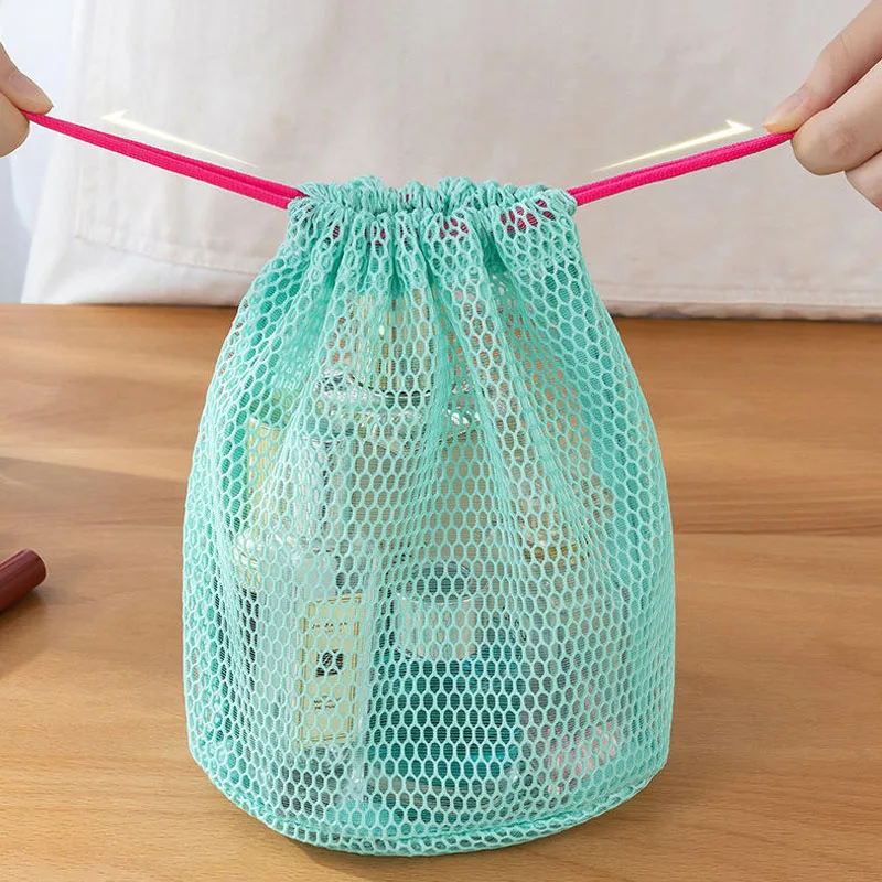 10pcs/lot Round Bottom Mesh Drawstring Pouch Portable Travel Drainage Makeup Toiletries Storage Bags Swimming Bath Bag