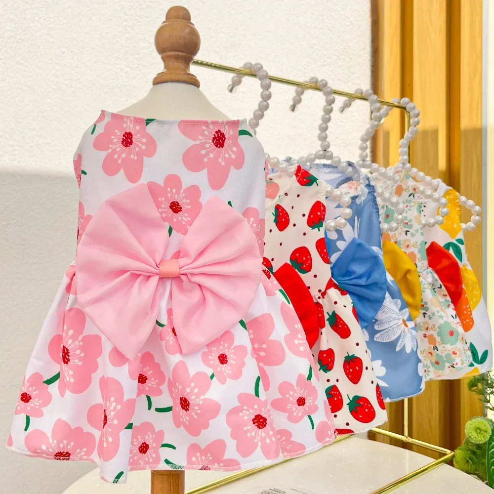 Summer Dog Princess Dress Kitten Pet Skirt Cute Printed Bow Lace Dog Dresses  Small Medium Puppies Poodle Chihuahua Apparel