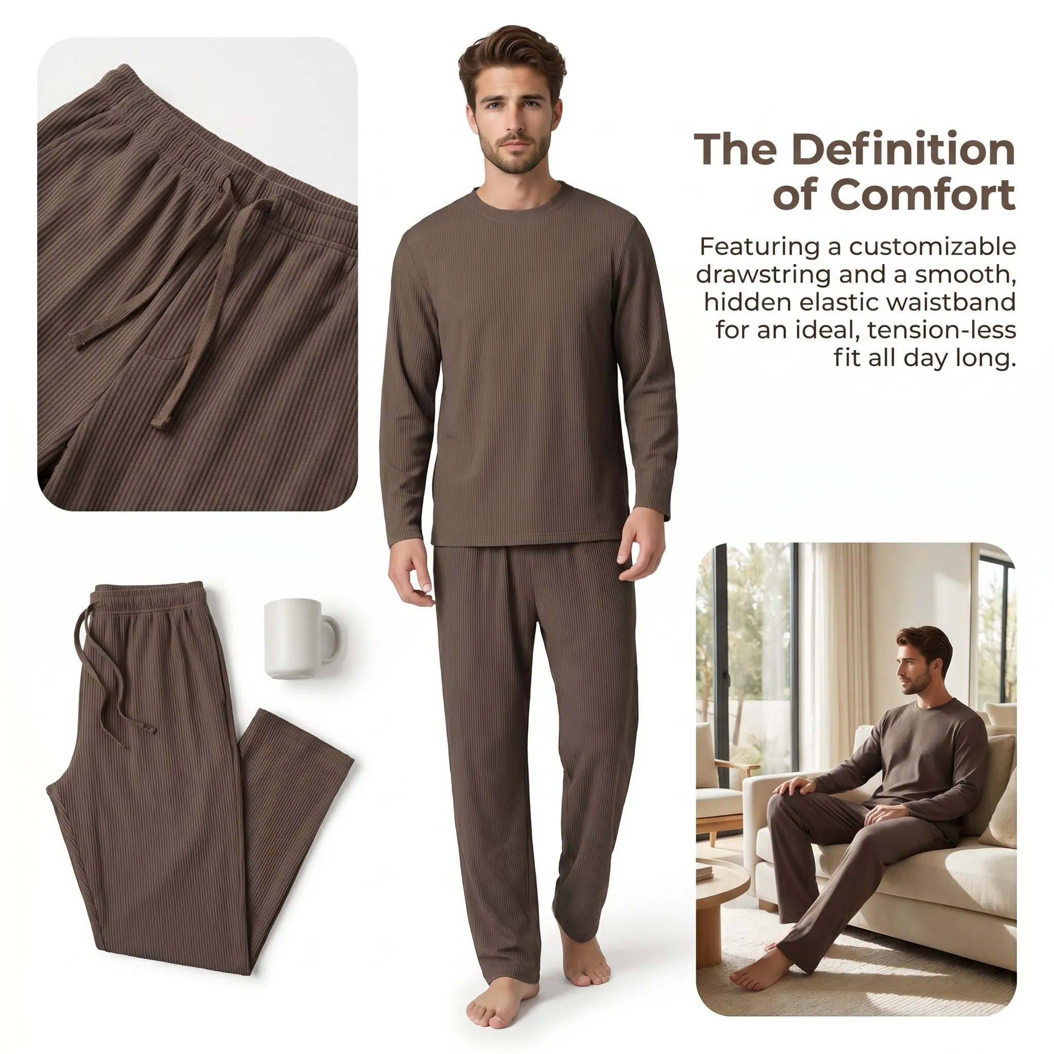 Mens Pajama Sets Long Sleeve Plaid Pajamas Sets for Men Pjs Set Soft Lounge Pants Sleepwear Pj Pants with Pockets Drawstring