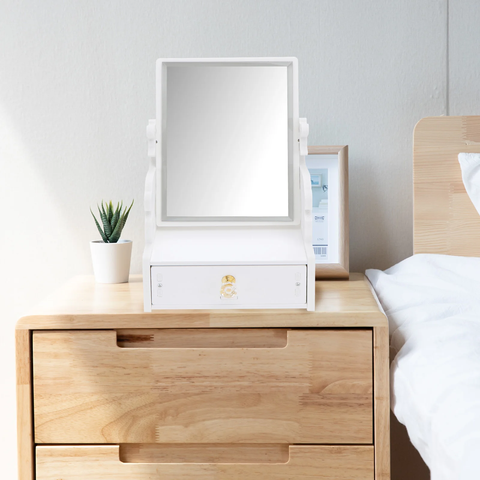 1Pcs Desktop Make-Up Spiegel mit Schublade Drehbare Spiegel Klare Oberfläche Exquisite Cartoon-Muster für Schmuck Haar Zubehör