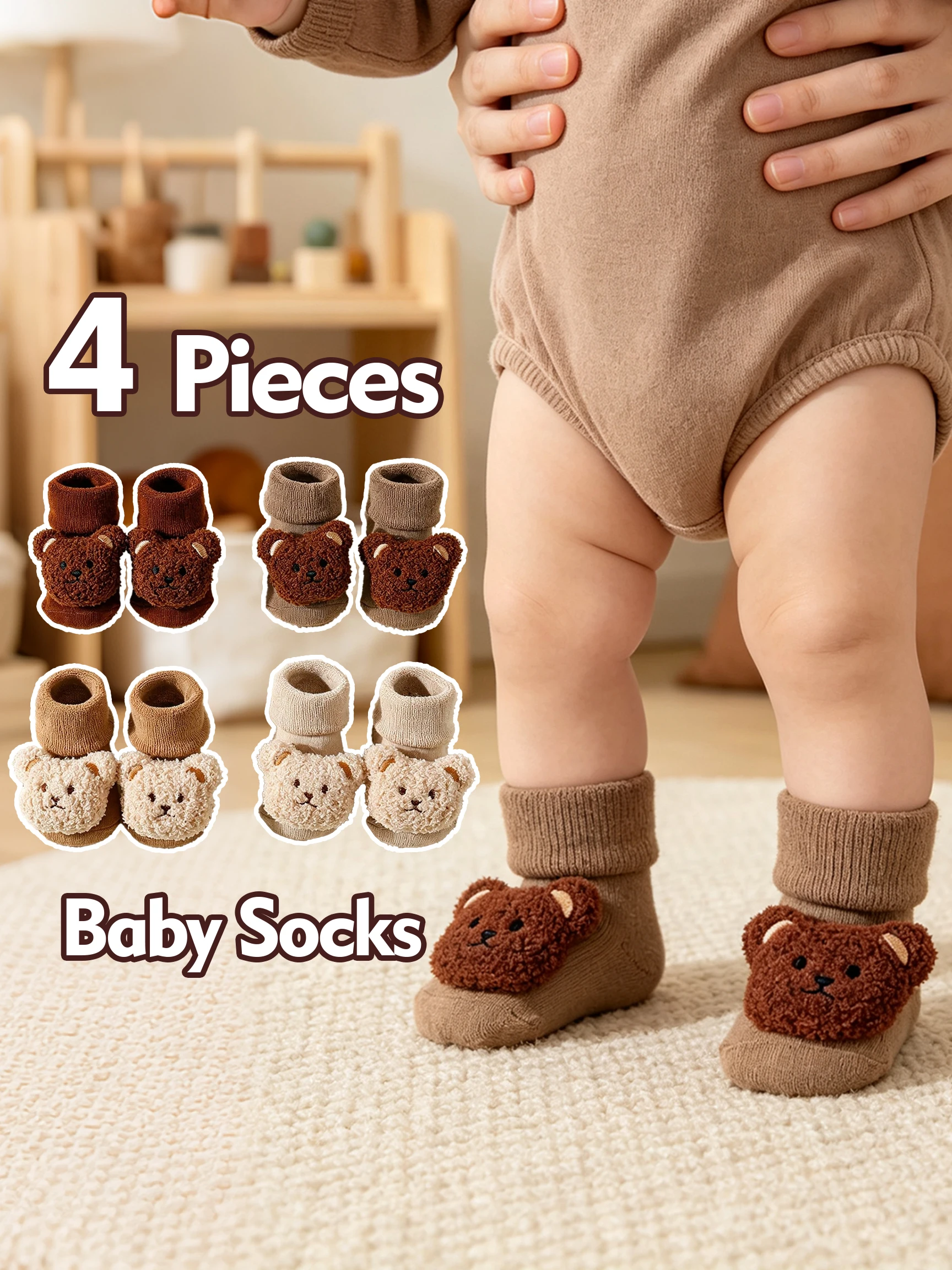 4 Pairs Baby Terry Socks Cute 3D Bear Decor Cuffed Short Socks for 0-1Y Newborn, Soft Warm Indoor Socks Autumn Winter Ideal Gift