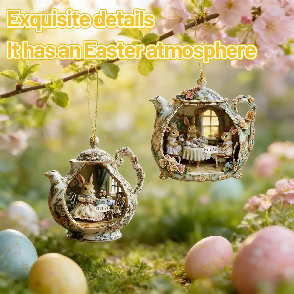 Exquisite 2D Acrylic Rabbit in Teacup Pendant Flat Bag Pendant Charms Rabbit Car Pendant Christmas Tree Ornament New Year Gift