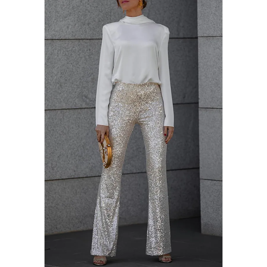 

Streetwear Solid Color Sequin Pants Women Fashion Trendy Slim Elastic Waist Micro Speaker Trousers All-match Female Clothing