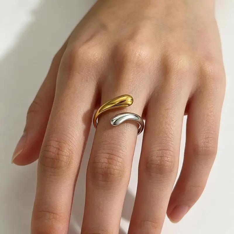 (.) Minimalist Opening Gold Silver Assorted Water Drop Ring For Women Trend Stainless Steel Adjustable Finger Ring Jewelry