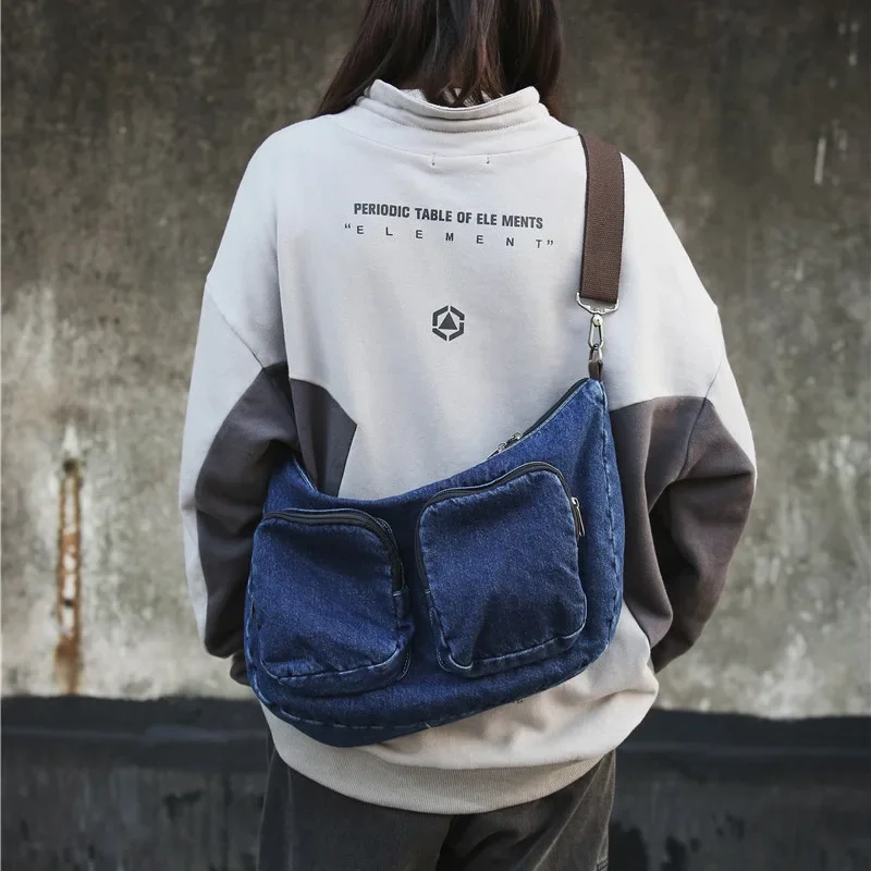 Cross body bag for women in South Korea, simple multi pocket denim single shoulder bag, personalized backpack, backpack