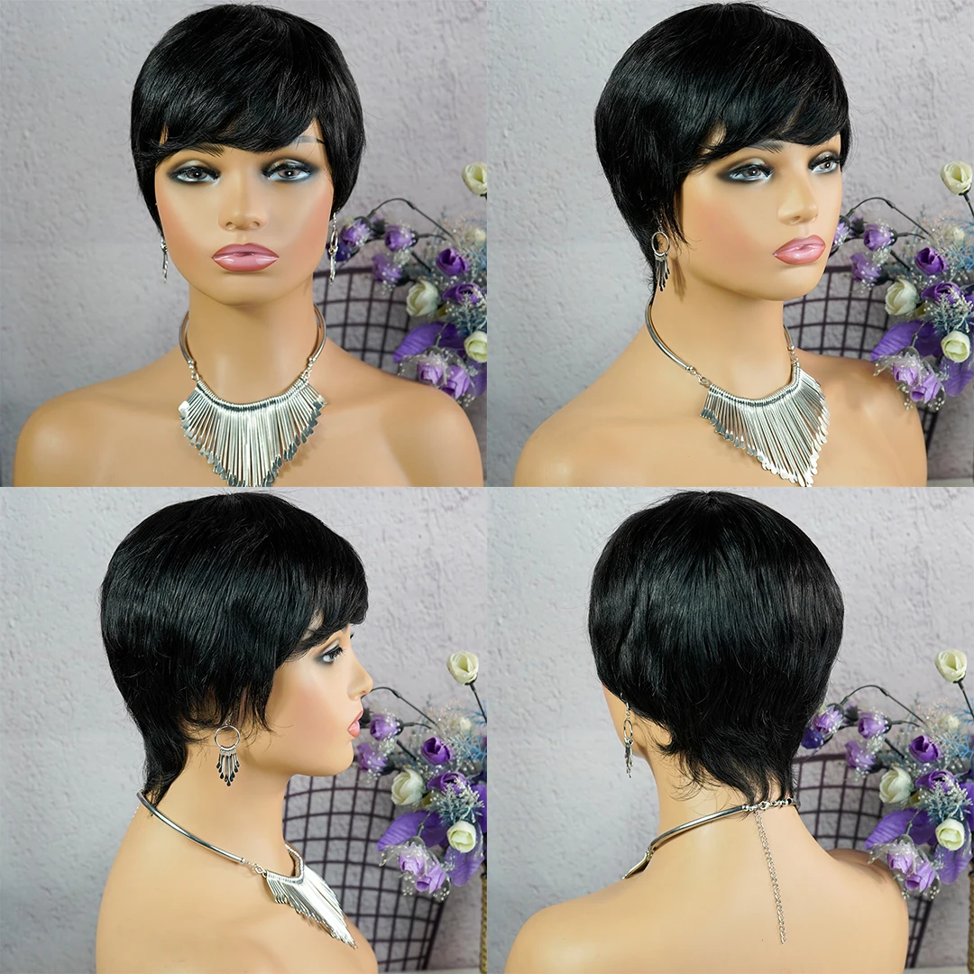 Pixie Cut 100% wig rambut manusia Remy wig rambut lurus asli hitam pendek dengan poni mekanisme penuh wig rambut manusia untuk wanita Afro