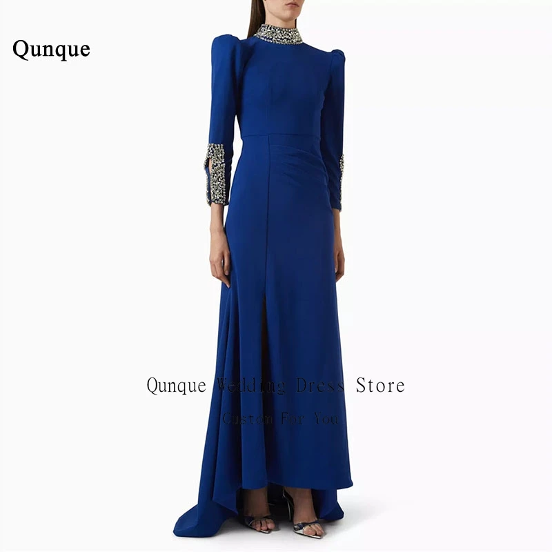 

Qunque Mermaid Prom Dress Classic Satin Formal Evening Dress for Women High Neck Long Sleeves Slit Crystals Vestido De Fiesta