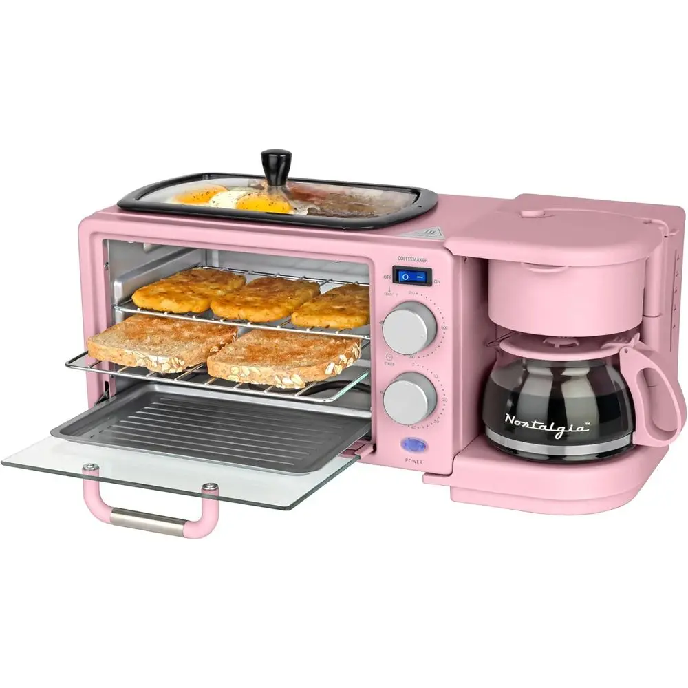 

All-in-One Vintage Breakfast Center - 5-Cup Coffee Maker, Non-Stick Griddle, 4-Slice Toaster, Timer, Reusable Filter, Compact De