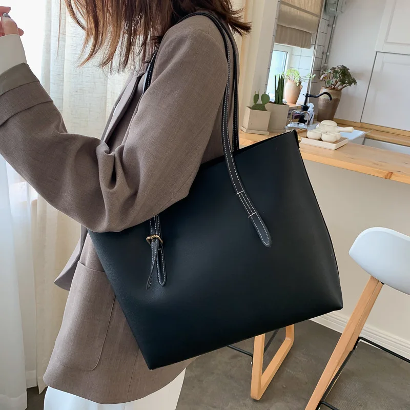 PU Tote Bag Girl 2022 New Double Root Coffee PU Large Capacity  Portable Solid Color Mother Bag Sac A Main Femme