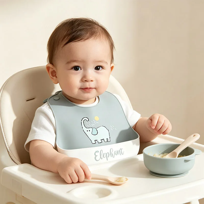 Baby Silicone Feeding Bibs Cartoon Patterns Food Catching Pocket Waterproof Washable Adjustable Bib For Toddlers 0-6 Years Old