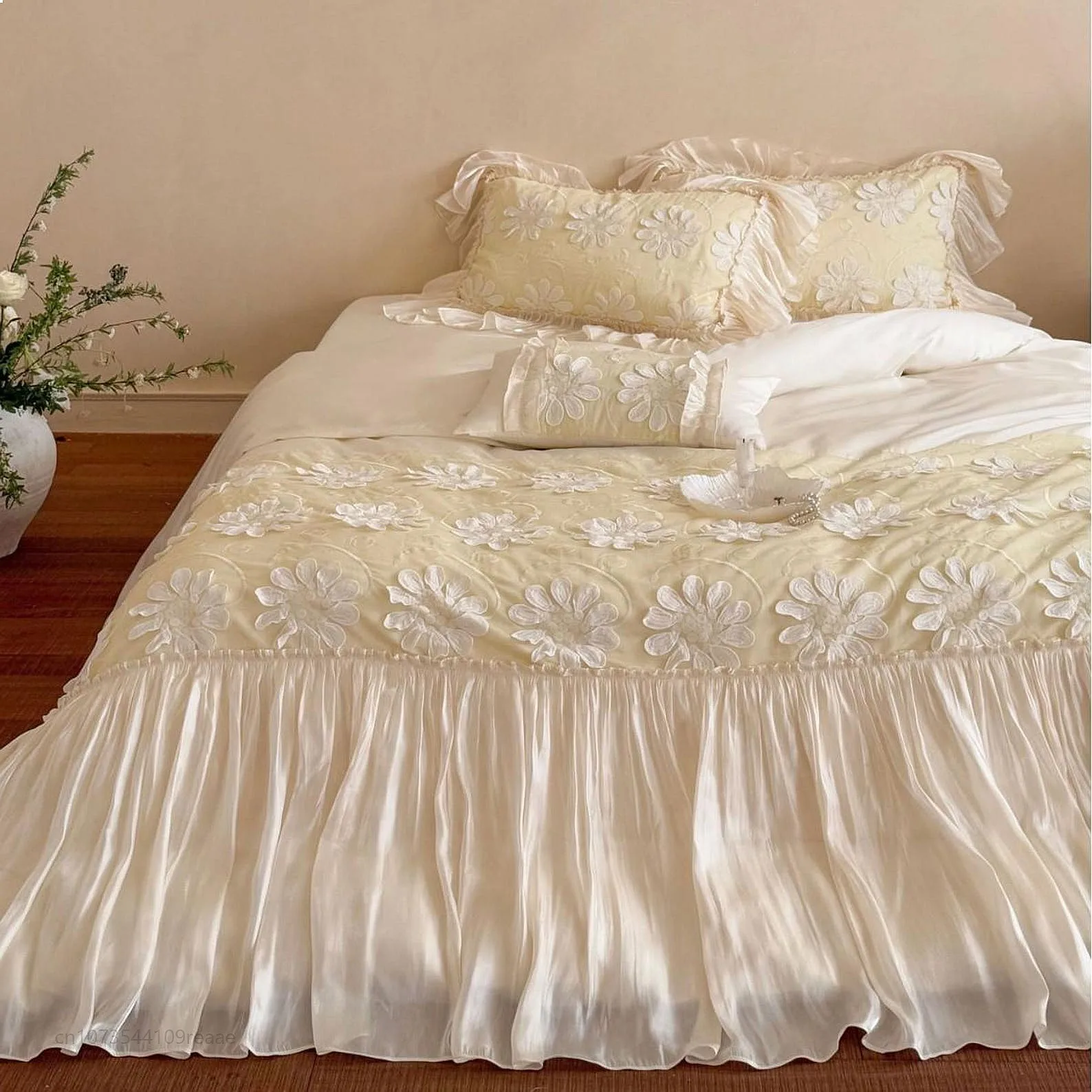 French Romantic Tencel Duvet Cover Only 3D Floral Glass Silk Lace Silky Bedding