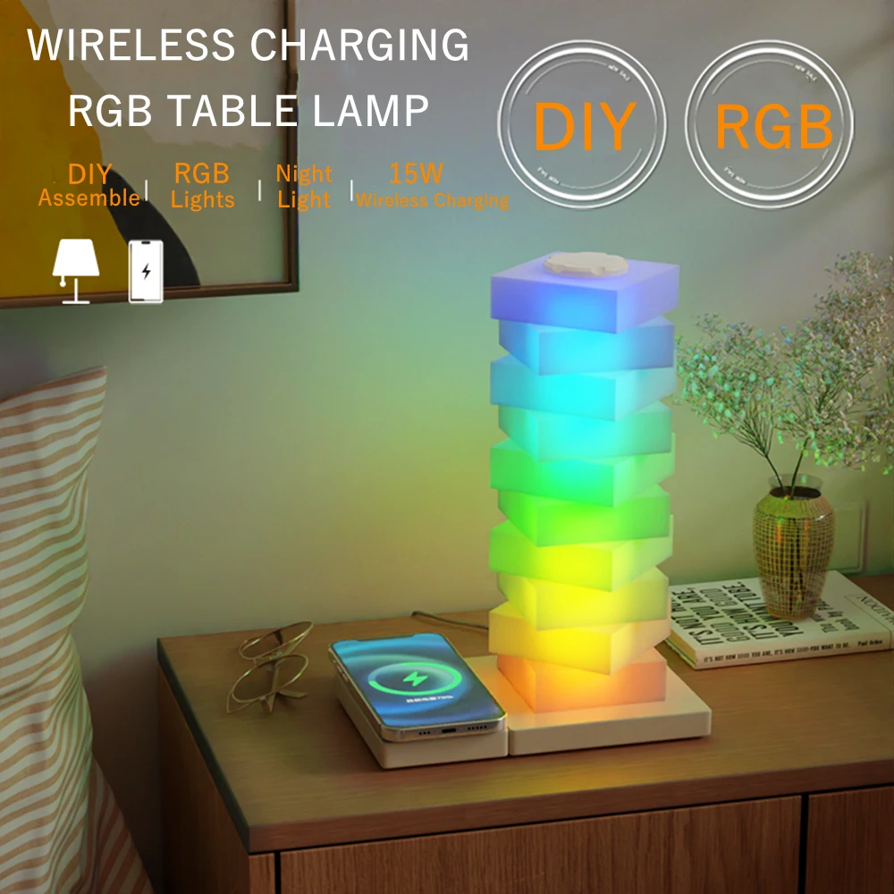 Creative DIY Table Lamp, RGB Light With Color-changing And Shapes Chageable, LED Lamp With 15W Wireless Charger, Bedside Lamp