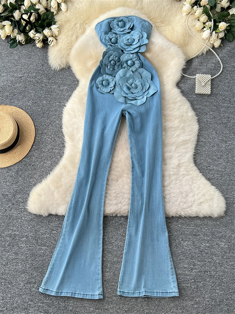 SINGREINY Fashion Denim Long Jumpsuits Zipper 3D Floral Chic Design Rompers Korean Trend Ins Solid Streetwear Women Playsuits