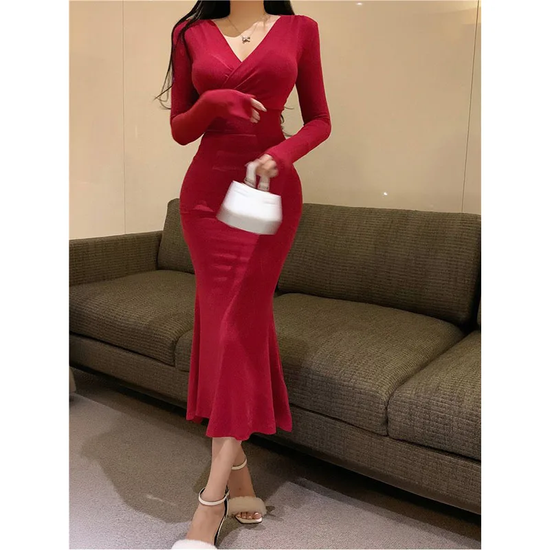 مثير الخامس الرقبة فستان بأكمام طويلة المرأة الخريف سليم الورك ذيل السمكة فستان طويل