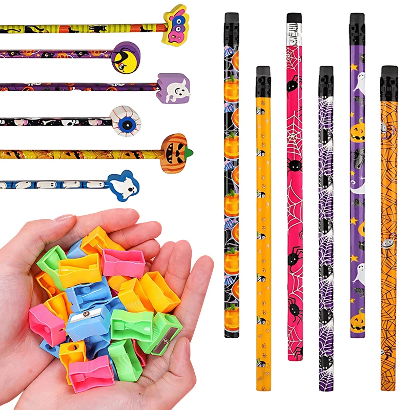 12 Teile/paket Halloween Stil HB Bleistifte mit Bunten Bleistift Spitzer Klassenzimmer Urlaub Belohnung Schreibwaren Student Gefälligkeiten ZYF