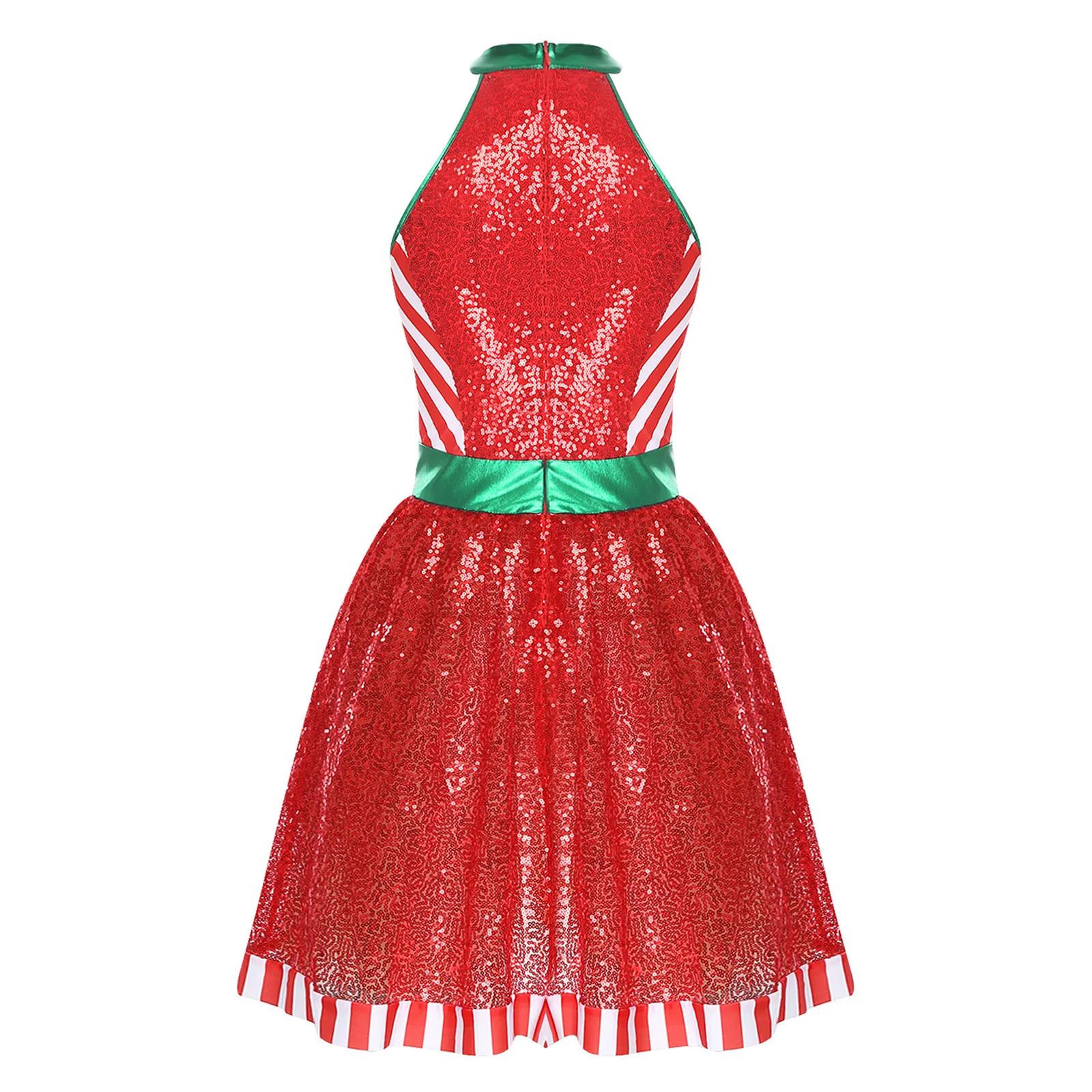Costume da festa di Natale da donna, scollo all'americana, senza maniche, cerniera invisibile, blocco di colore, paillettes lucide, abito in tulle, abiti natalizi