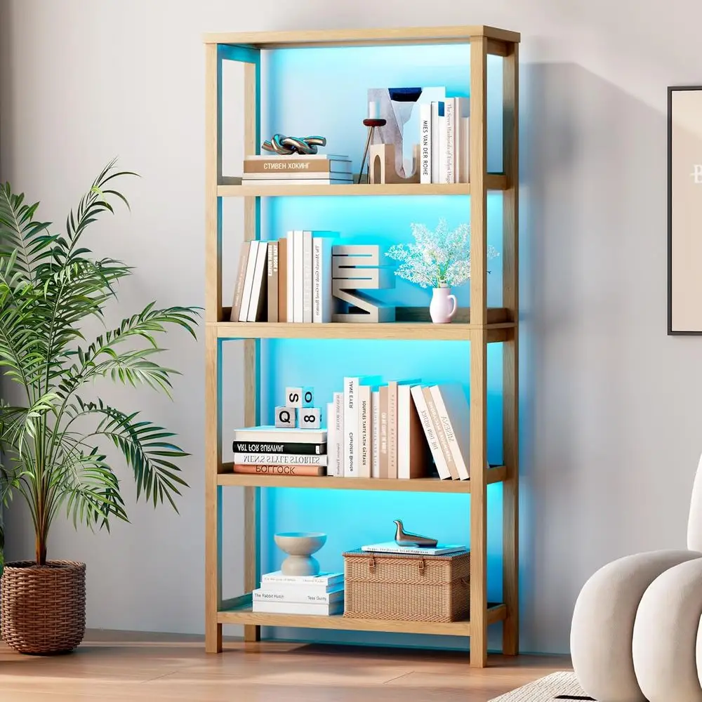 

5-ярусная деревянная книжная полка с подсветкой, местом для хранения и открытыми полками для гостиной или домашнего офиса, коричневая