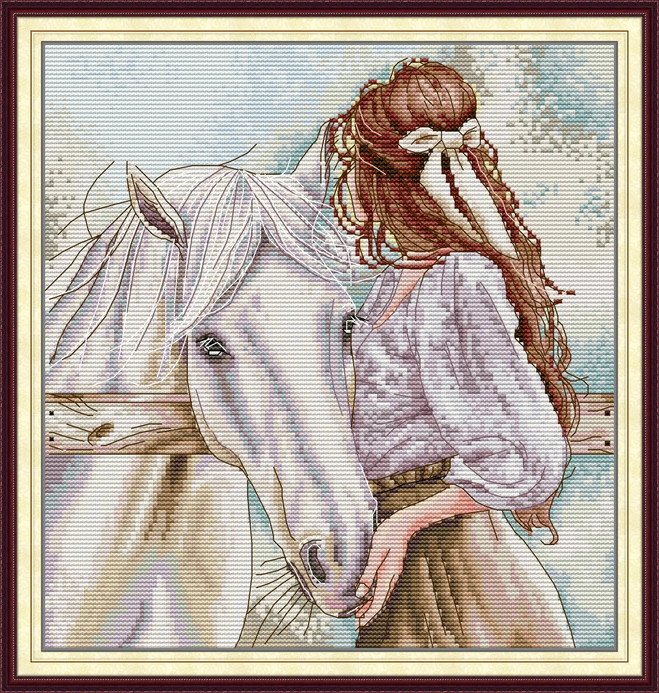 

Maydear Full Cross Stitch Kit, 11CT/14CT/16CT/9CT Aida Fabric,DMC Threads Sewing Pattern Embroidery Set-Girl with a horse