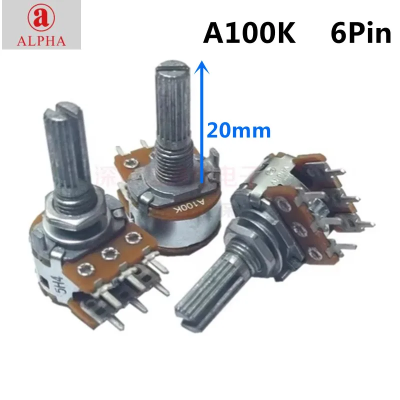 1pcs，Single-loop carbon film double-layer potentiometer，RK16，A100K，6Pin，Audio volume amplifier