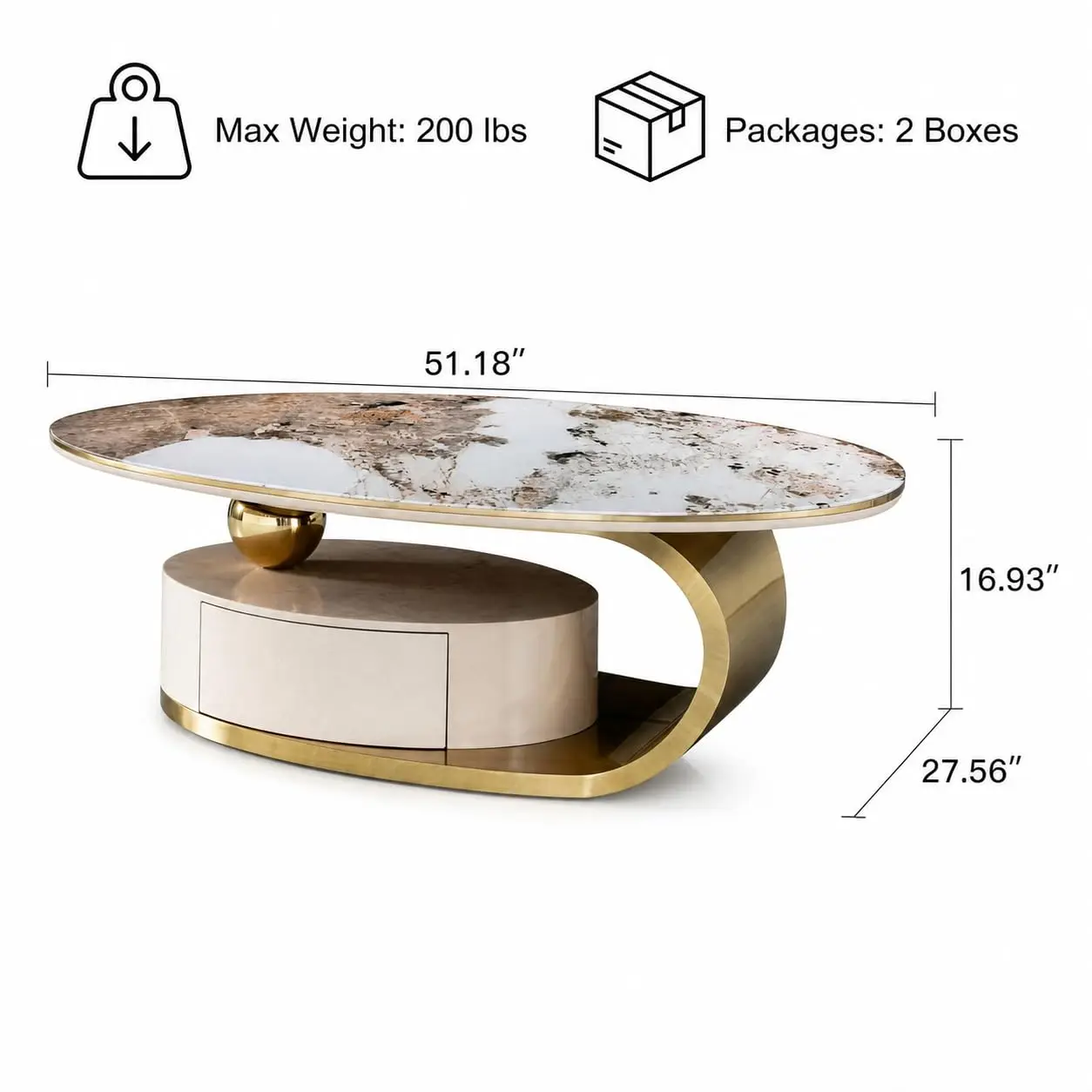 Oval Faux Marble Coffee Table with Storage Drawer, Luxury Gold Stainless Steel Base & Clear Tempered Glass, Customized