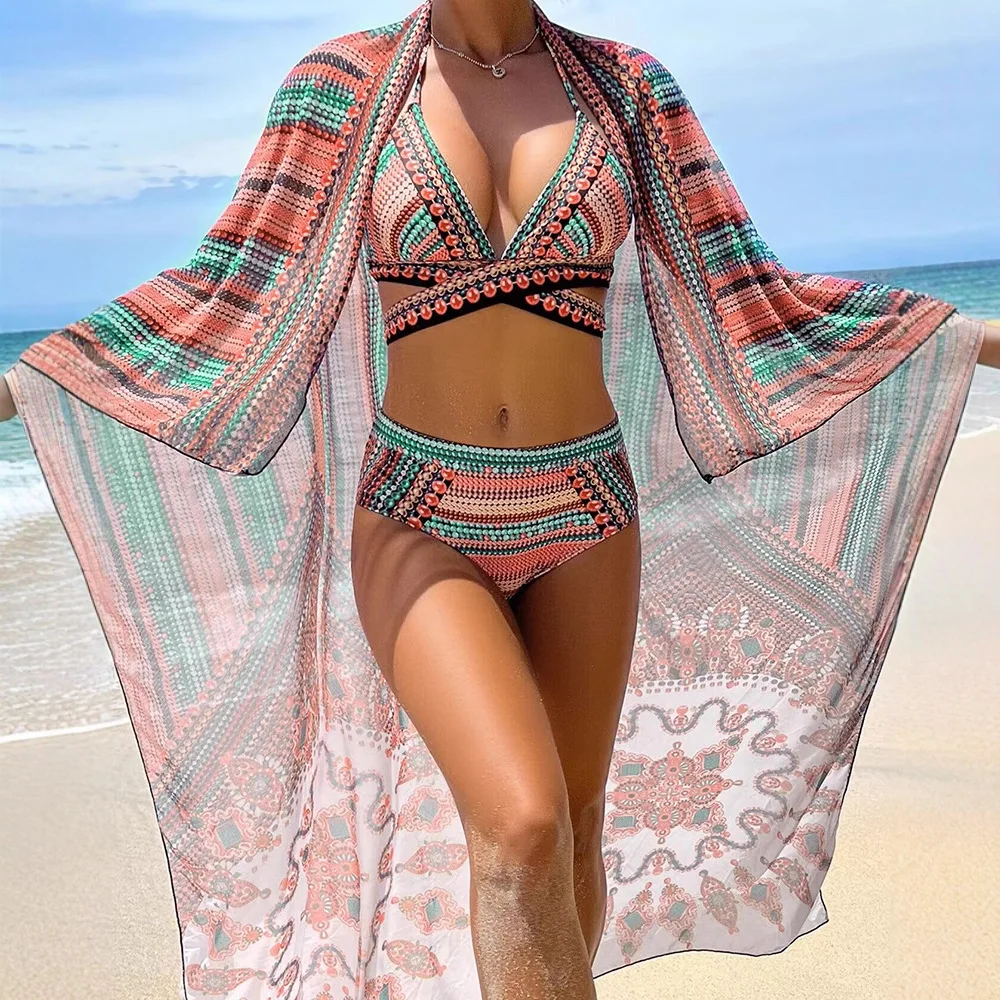 Three-Piece Swimsuit Beach Swimwear Cross-Strap High-Waist Swimsuit Set Bikini Women Summer Swimming Suit