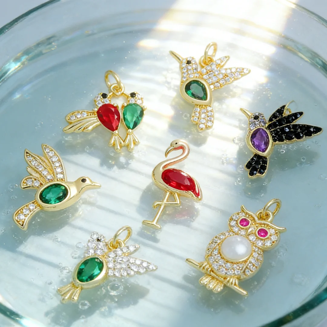 3Pcs Pendants Brass Colorful Zirconia Bird Owl Flamingo Charms for DIY Jewelry Making Necklace Bracelet Handmade Craft Supplies