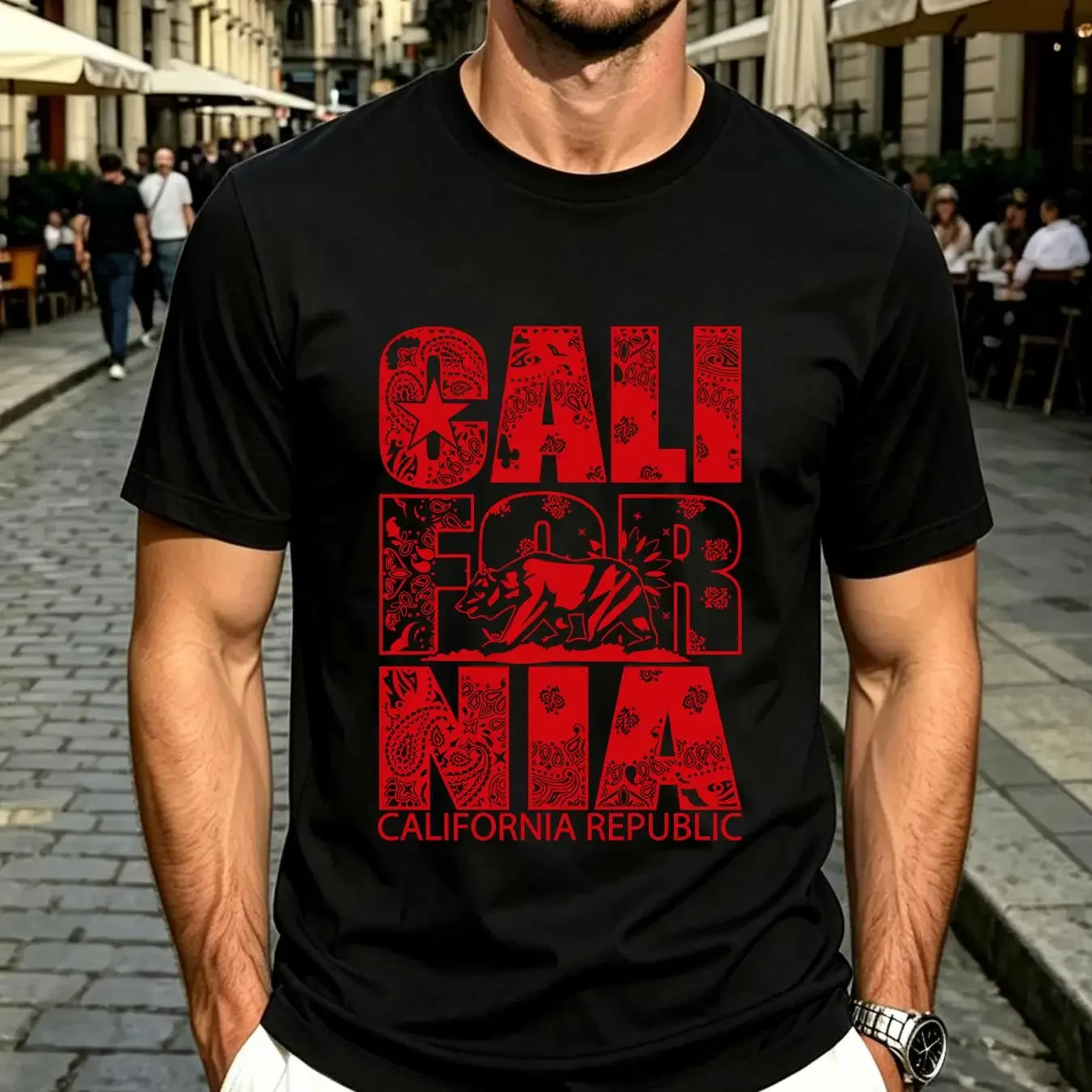 washed T Shirt Red Bandana Print Northern California Republic Cali Califas Blood rap vintage Washed Versatile designer clothes