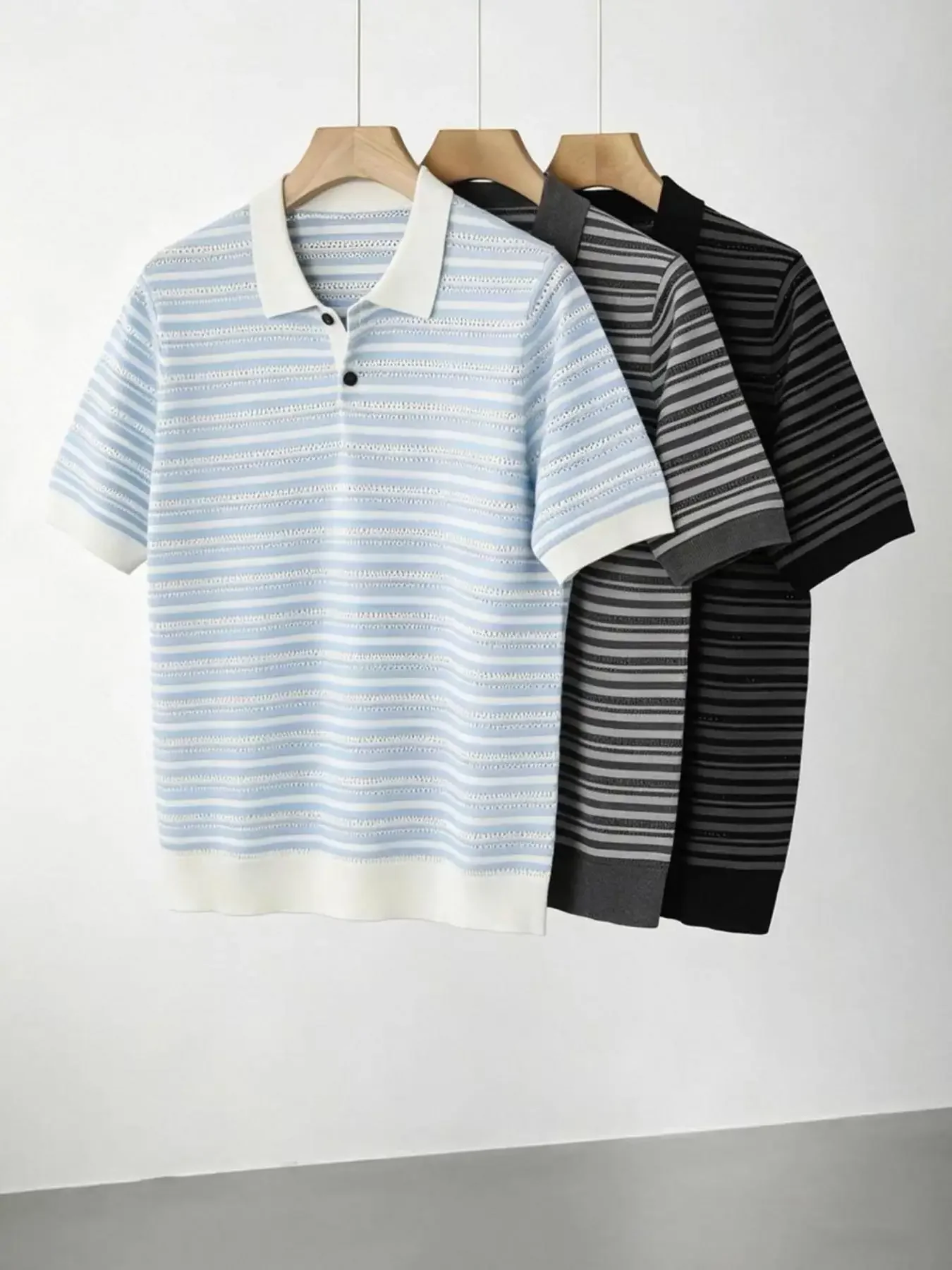 New Summer Striped Openwork Men's Knit Polo Shirt Casual Lapel Short-Sleeve T-Shirt Fashion British Style Outdoor-Homewear Tops