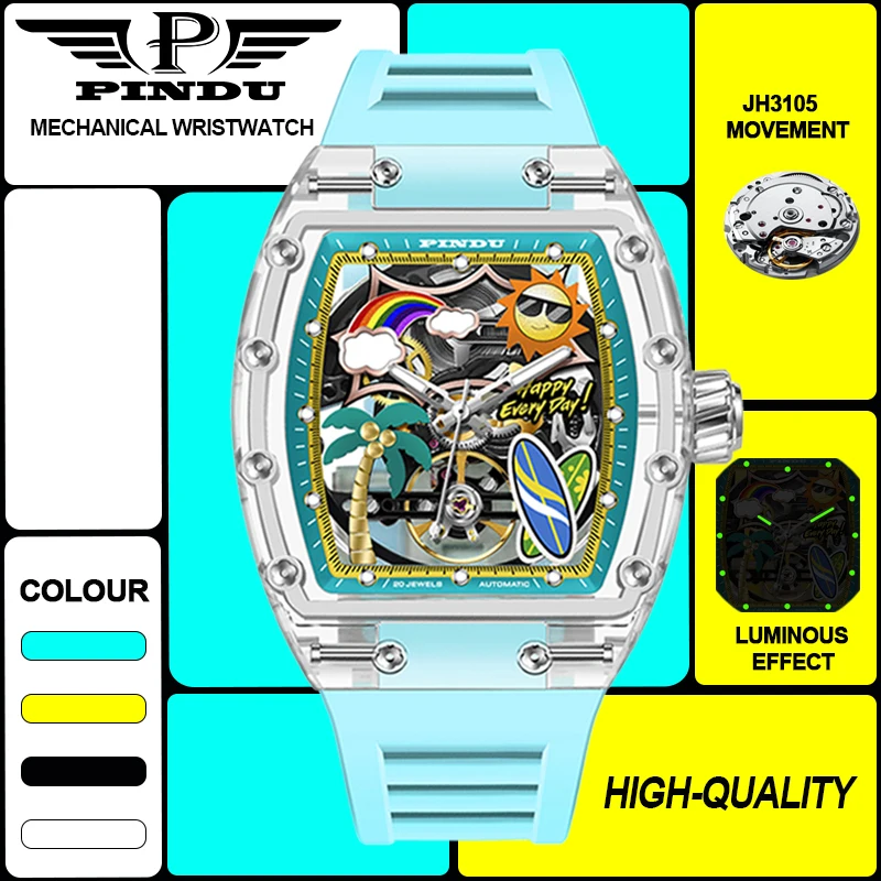 

NEW PINDU Fashion Men's Automatic Watch Silicone Strap Acrylic Tonneau Shape Mechanical Watch Skeleton Dial Waterproof Luminous