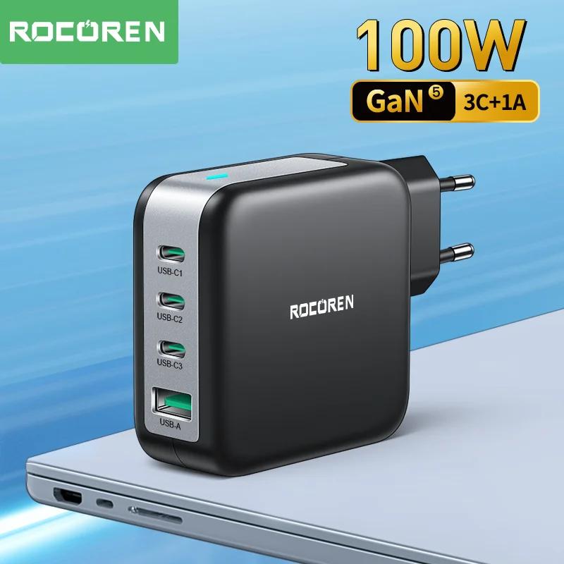 Rocoren 100W GaN Charger PD QC 4.0 3.0 USB Fast Charger USB Type C Quick Charging Desktop Charger for iPhone 14 Pro Max Macbook