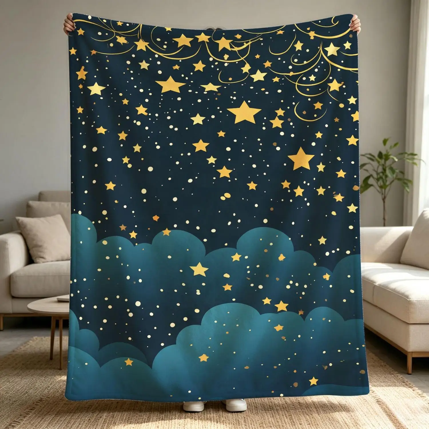 [Flannel Blanket] Golden Starry Sky Blanket, Navy Blue Starry Sky Pattern Blanket, Dreamy Night Sky Cloud Decoration, Gift for Astronomy Enthusiasts