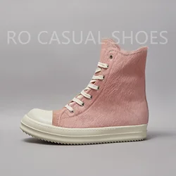 HOTSALE Mid Pink Horse hair High Top Lace Up Ricks Quality Men Shoe Zipper Women Sneaker Casual Owens Design buty i buty