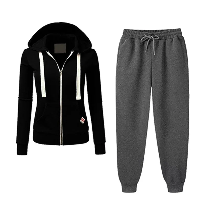 2025 Autumn/Winter Women's Korean Solid Color Zipper Hoodie Set Fashion Sportswear Top Drawstring Pocket Loose Leisure Suit