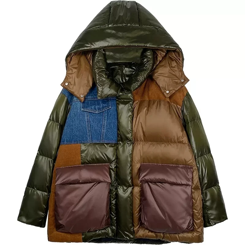 Denim Splicing Down Jacket Women 2024 Winter New Hooded Loose Thicken 90%White duck down Coat Female Warm Parka Casual Overcoat