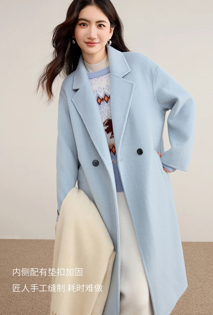 SENTUBILA Damen 100% Wolle Doppelseitiger Mantel Winter 2026 Anzug Reverskragen Klassischer Pendlerstil Langer Übermantel W54OA8779 – Detail 21