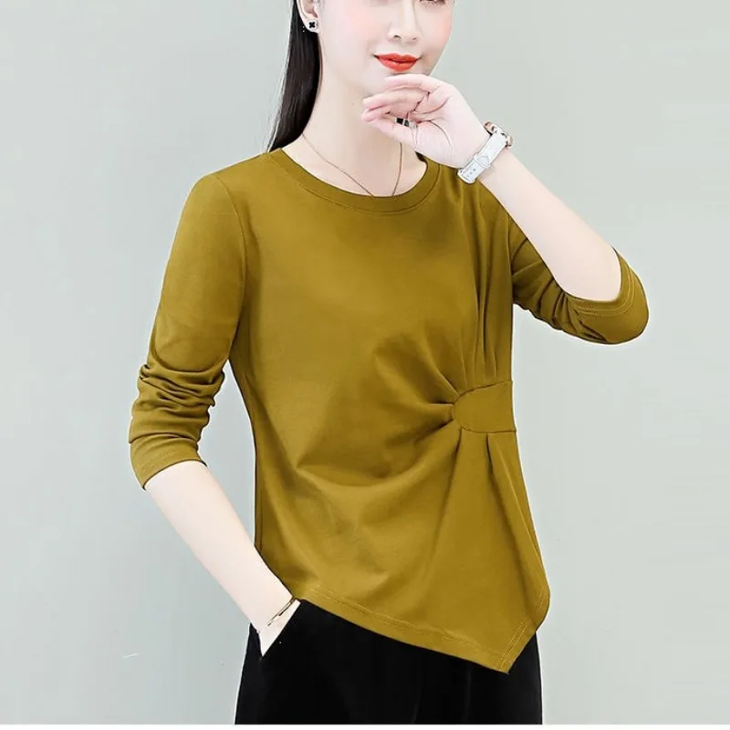 Round Neck Pullover Top Spring Autumn 2024 New Style Age Reduction Slim All-match Solid Color Long Sleeve Folds Women's T-shirt