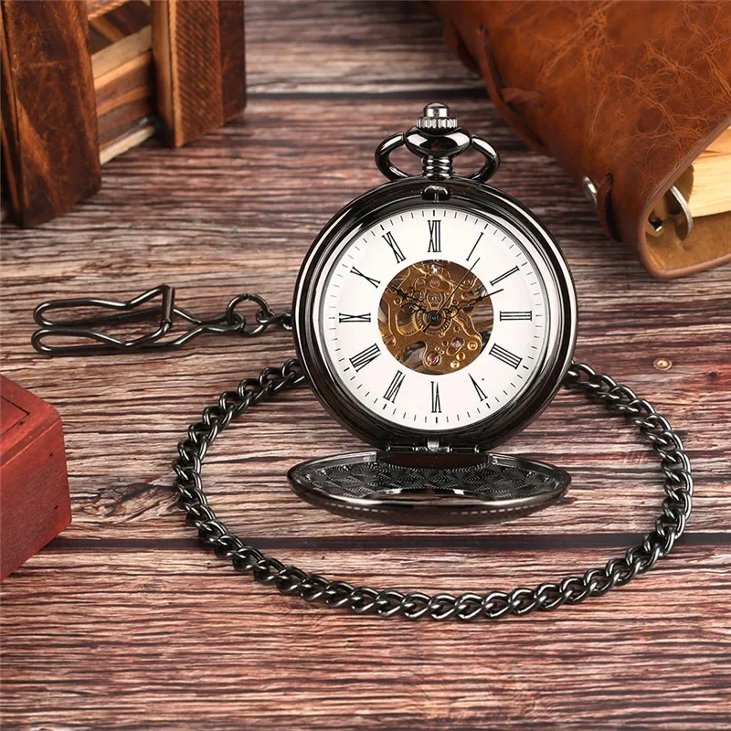 Vintage Black Half Hunter Men Women Mechanical Hand Winding Pocket Watch Roman Number Skeleton Clock Pendant Chain Gift reloj