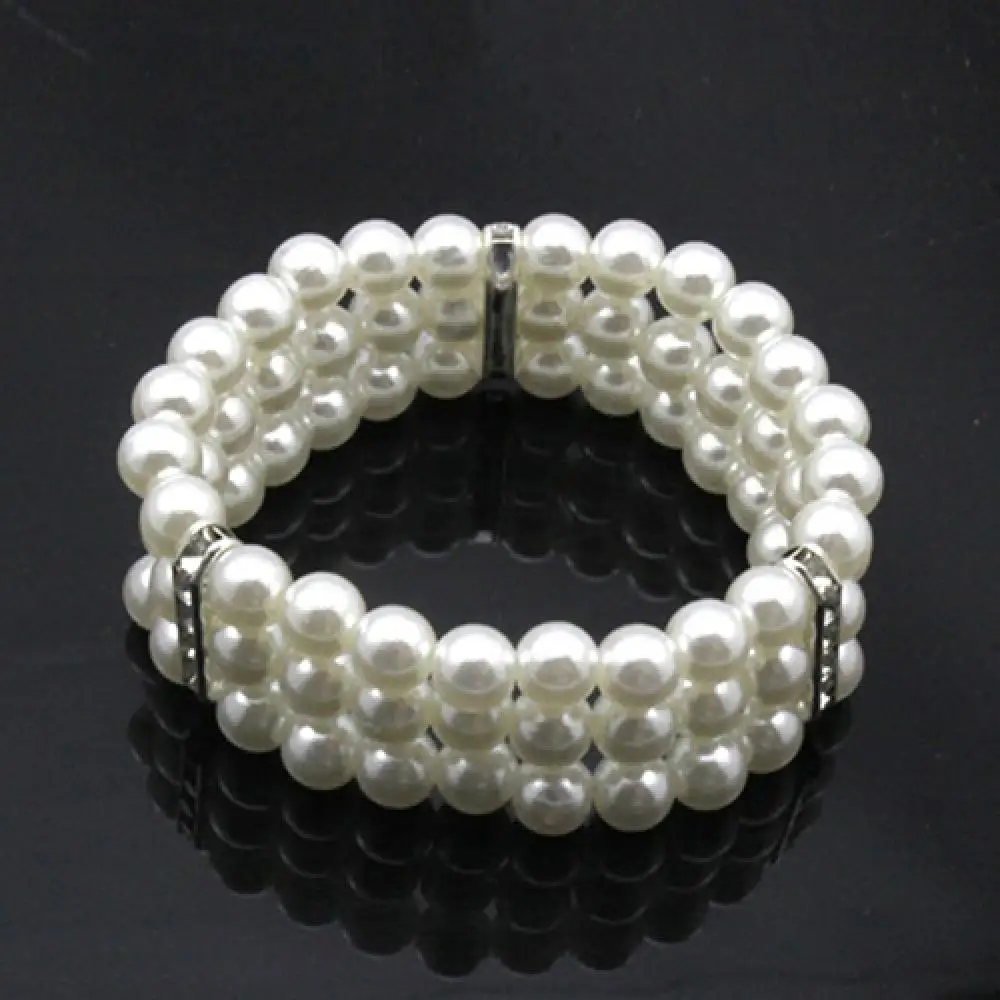 3 Rows Faux Pearl Rhinestone Decor Elastic Stretchy Bangle Bracelet Crystal Faux Pearl Multi Layer Wide Bangles Pulseras Mujer