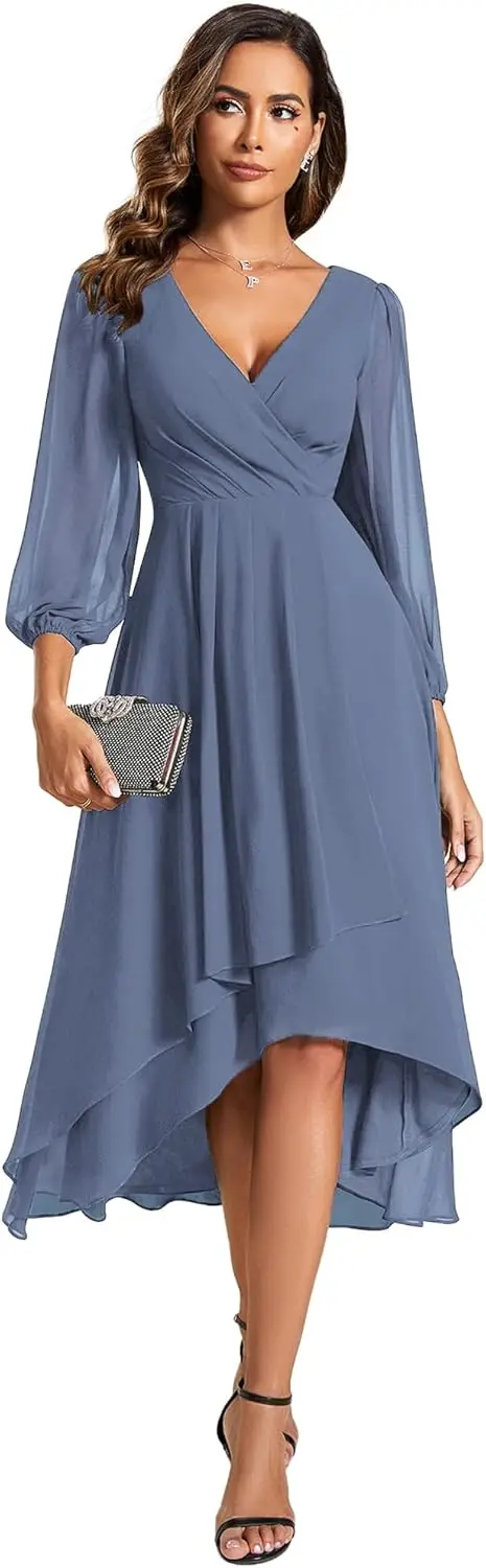 

Женское шифоновое платье трапециевидной формы с v-образным вырезом и длинными рукавами, длиной миди, свадебное платье для гостей 01926, платья для матери невесты