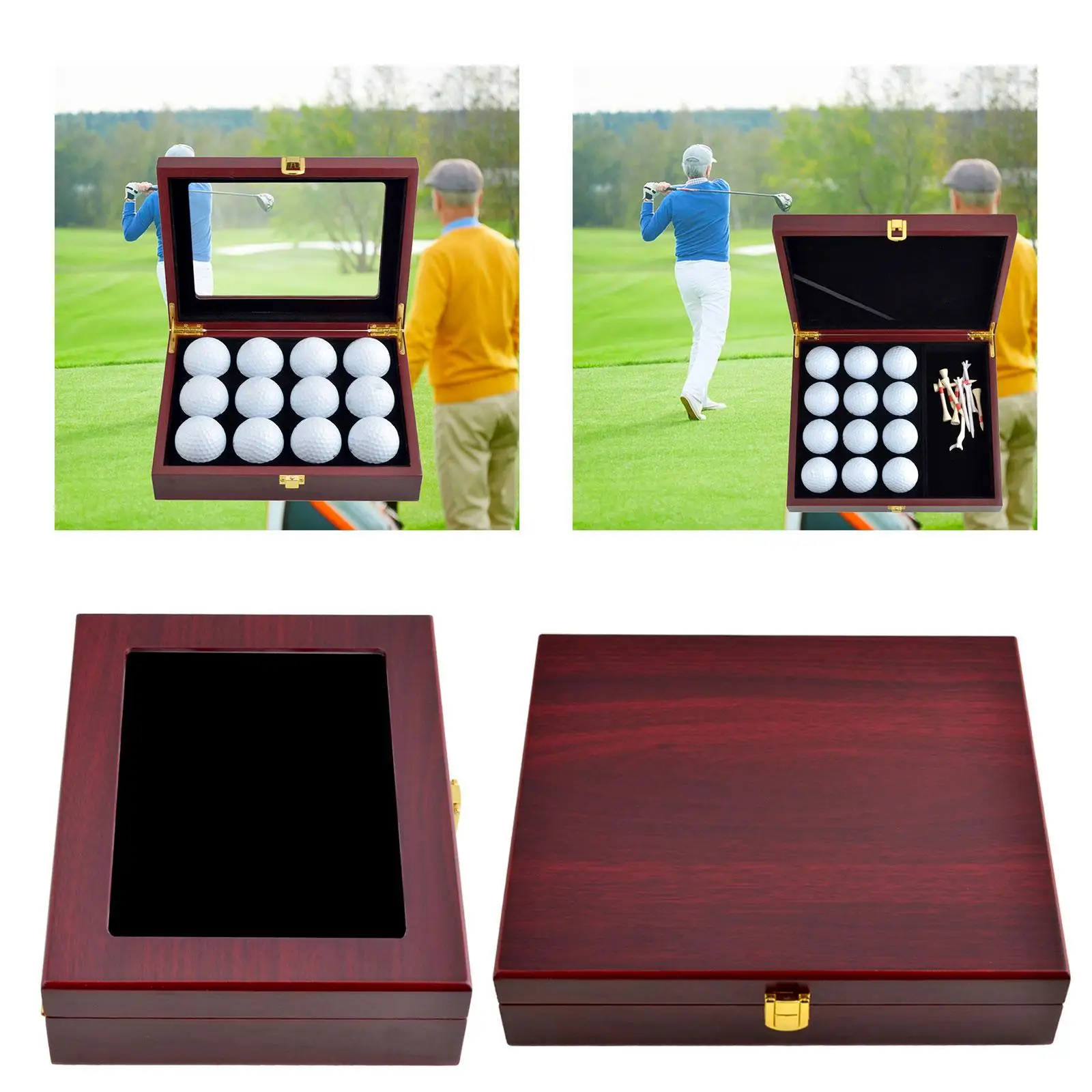 Hinged Lid Wood Golf Ball Display Case Organizer for Golf Items Storage and Unique Executive Gift