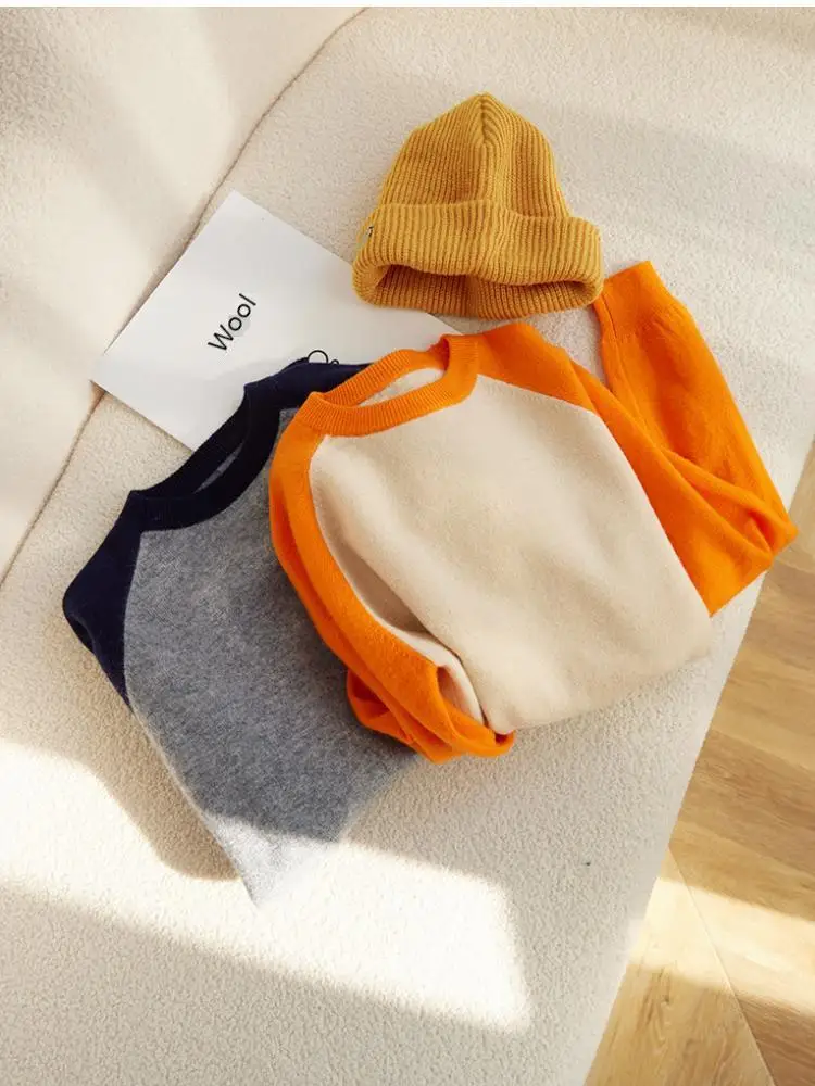 

100% Merino Wool Sweater Children O-neck Pullover Boys Girls Color Blocking Sleeves Knitted Autumn Winter Baby Kids Cashmere Top