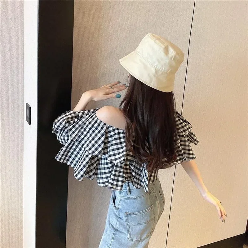 Chemisiers femmes Plaid Design été volants manches courtes culture hauts mode coréenne Harajuku Slash cou élégant rétro Sexy décontracté