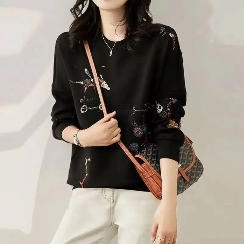 Women Korean Fashion Funny Embroidery Cotton Sweatshirt Simple Casual Chic Hoodie Female O Neck Long Sleeve Loose Pullover Tops