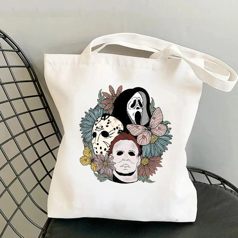 Horror Floral Killer Printed Canvas Tote Bag Large Capacity Travel Storage Shoulder Bags Reusable Shopping Bag Halloween Gift