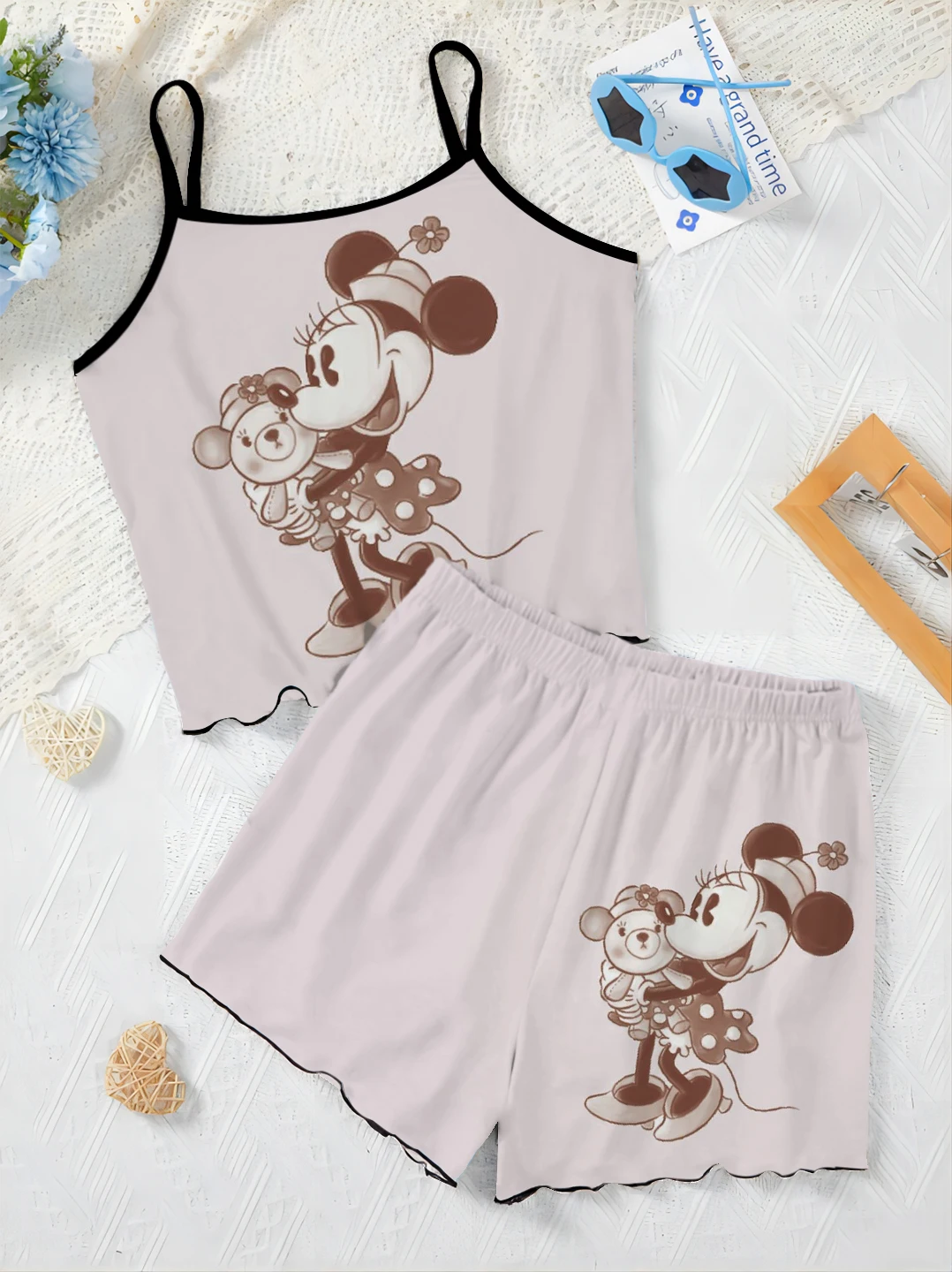 Kurze Sets für Frauen 2 Stück Damen anzug Home Kleid Minnie Maus T-Shirt Mickey Top Disney Salat Trim Pyjama Rock elegant